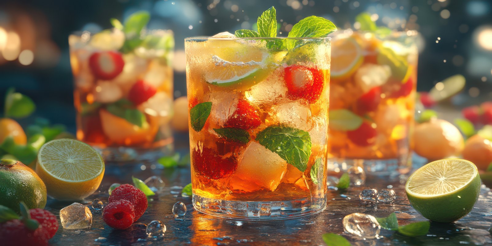Refreshing summer drinks with fruits and mint served on a table in a vibrant setting during daylight